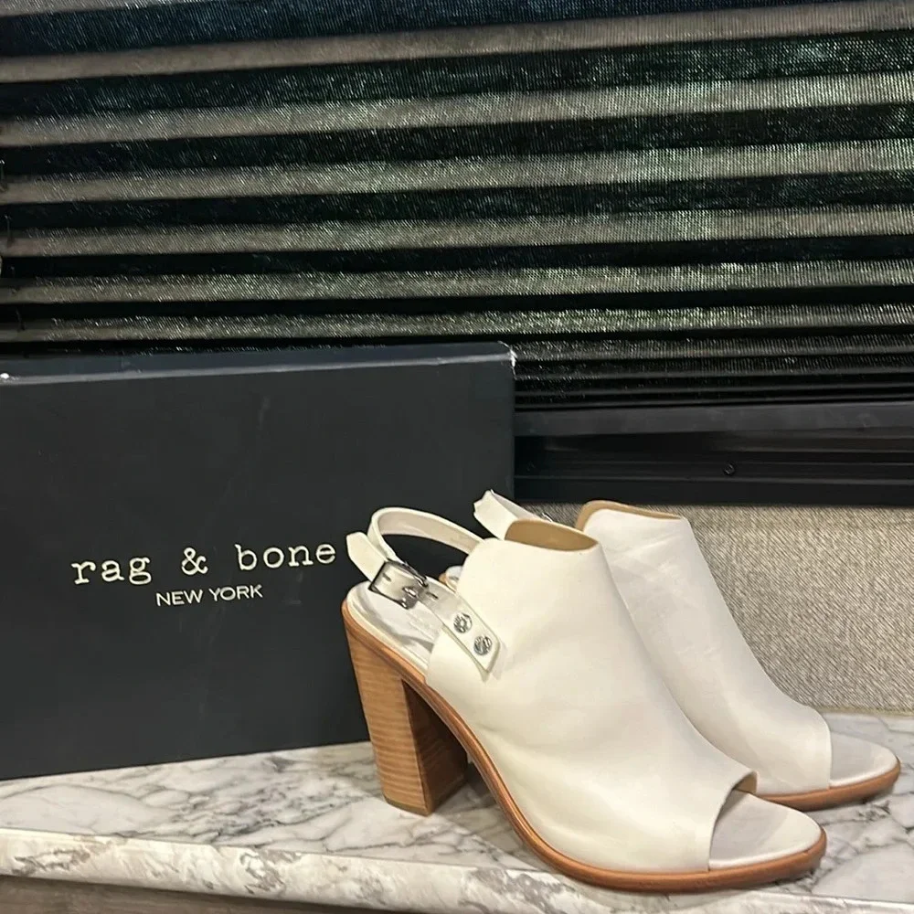 Rag & Bone Women Off White Leather Open Toe Chunky Heel Wyatt Sandal 10.5/41 NIB - Picture 2 of 12